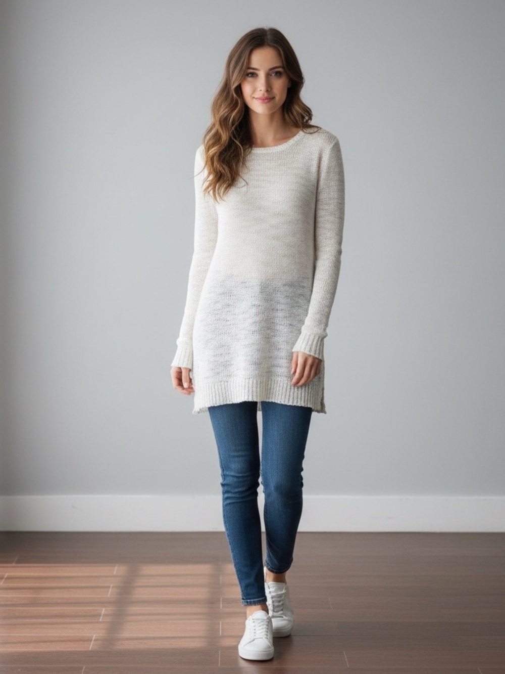 J Crew loose weave long sweater ivory cream knit size XS long sleeve crewneck
